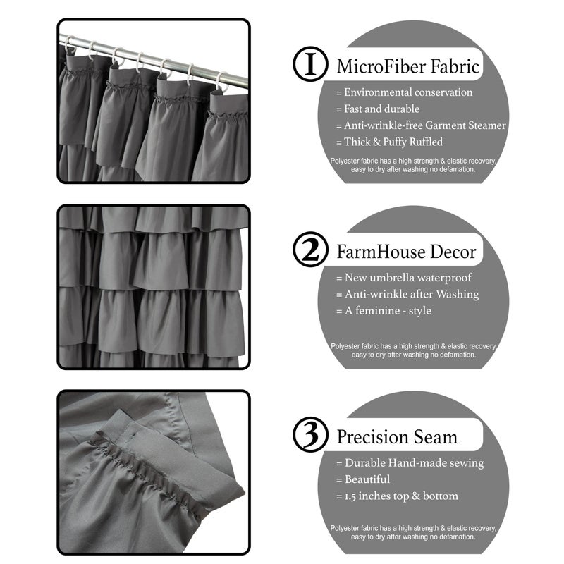 WestWeir Ruffle Shower Curtain,84-inches Extra Long,Grey Ruffled Bath Curtains for Bathroom,Fabric Farmhouse Decor,Soft Touch Decorative Cloth Texture,(72 inch Wide,1 Panel) - Image 2